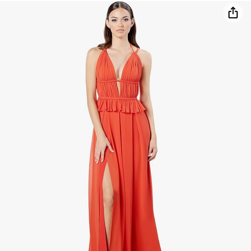 Dress the Population Coral-Orange Halter Ruffle Waist Gown